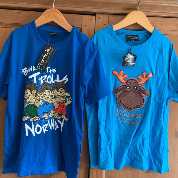 Lot of two Norway T-Shirts, Kids size 6-8, Brand New, with tags Trolls & Moose - Picture 1 of 8